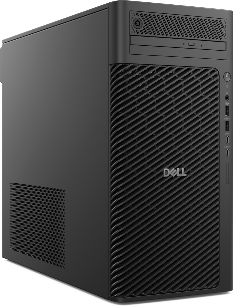 Dell Pro Max Tower T2 (FCT2250) preta, vista frontal em ângulo