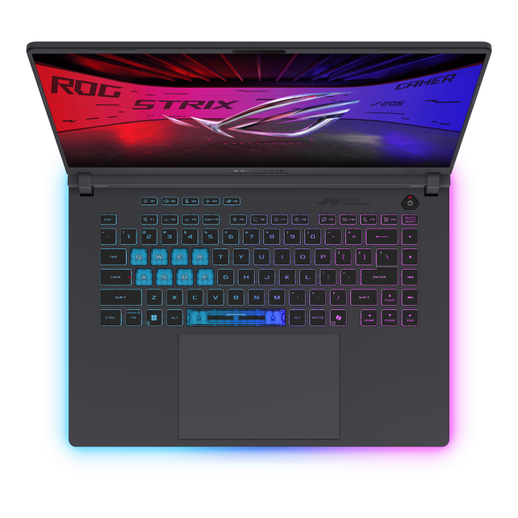 Vista frontal do ASUS ROG Strix G16 com teclado iluminado