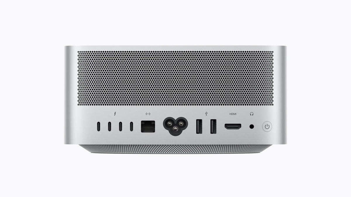 Mac Studio (2026) Prateado – traseira com Thunderbolt 5, USB-A, HDMI e Ethernet 10 Gb