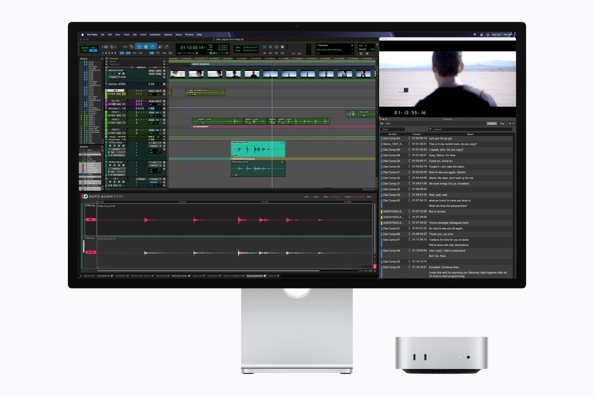 Mac mini (M5 Pro, 2026) Prateado com monitor executando Pro Tools