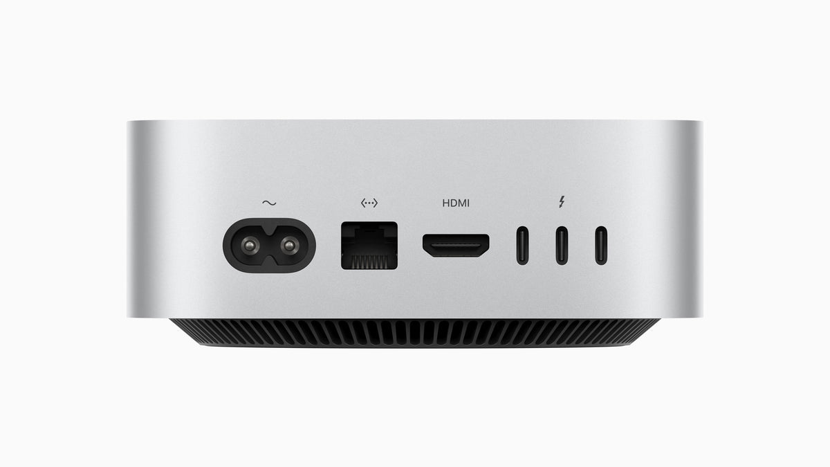 Mac mini (2024) Prateado – traseira com Thunderbolt, HDMI e Ethernet