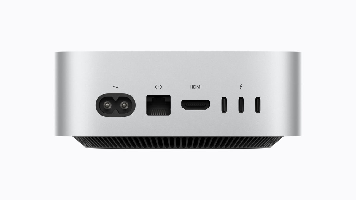Mac mini (M5 Pro, 2026) Prateado – traseira com Thunderbolt 5, HDMI e Ethernet