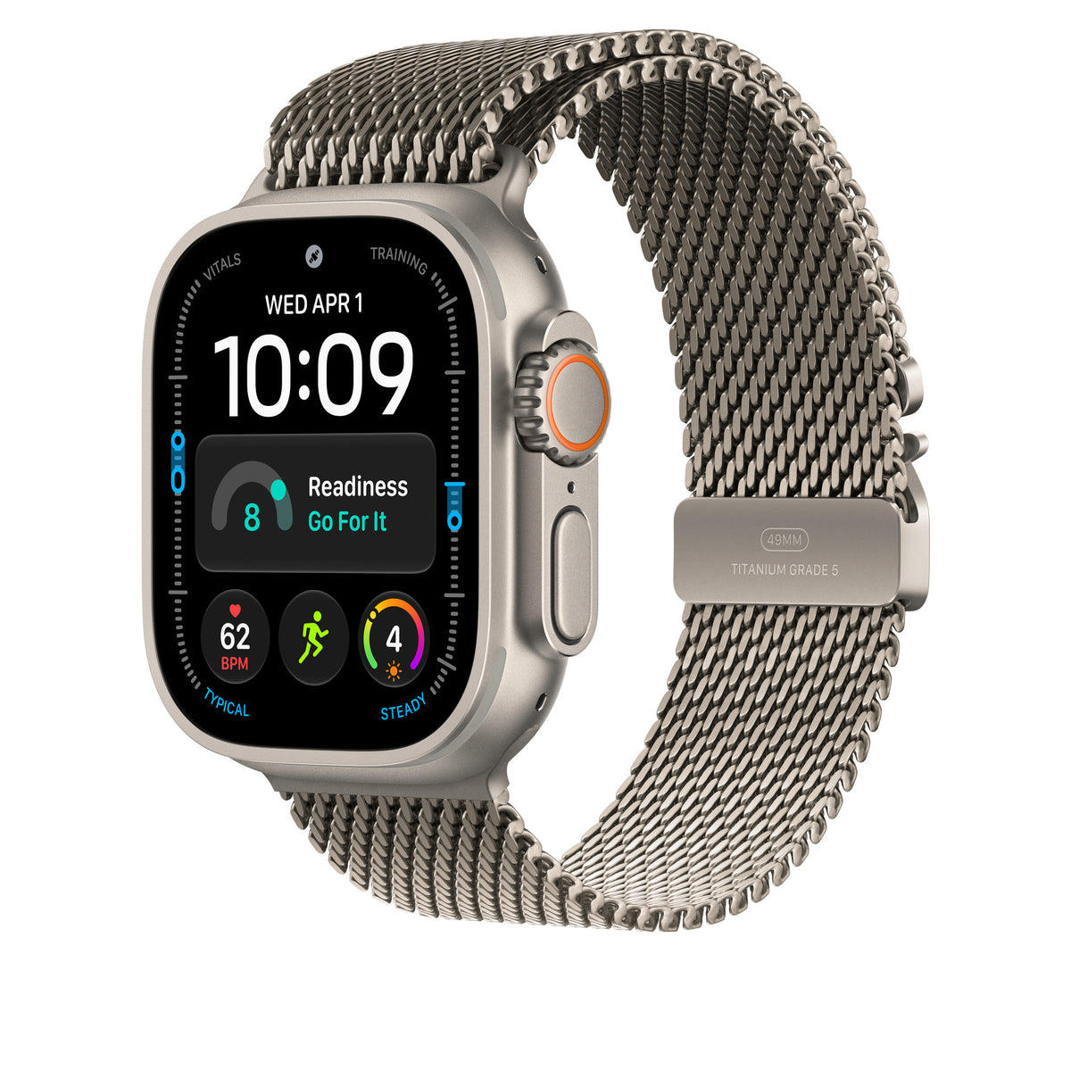 Apple Watch Ultra 4 com caixa de titânio natural e pulseira natural estilo milanês de titânio, vista em ângulo