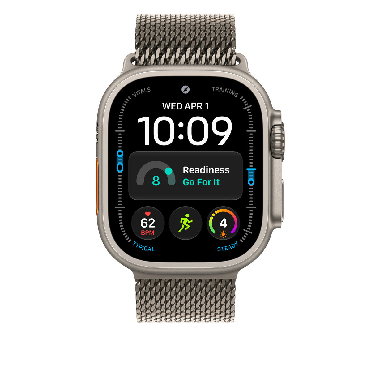 Apple Watch Ultra 4 com caixa de titânio natural e pulseira natural estilo milanês de titânio, vista frontal