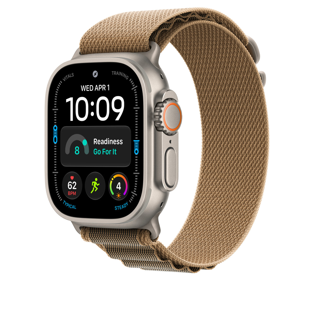 Apple Watch Ultra 4 com caixa de titânio natural e pulseira loop Alpina deserto, vista em ângulo