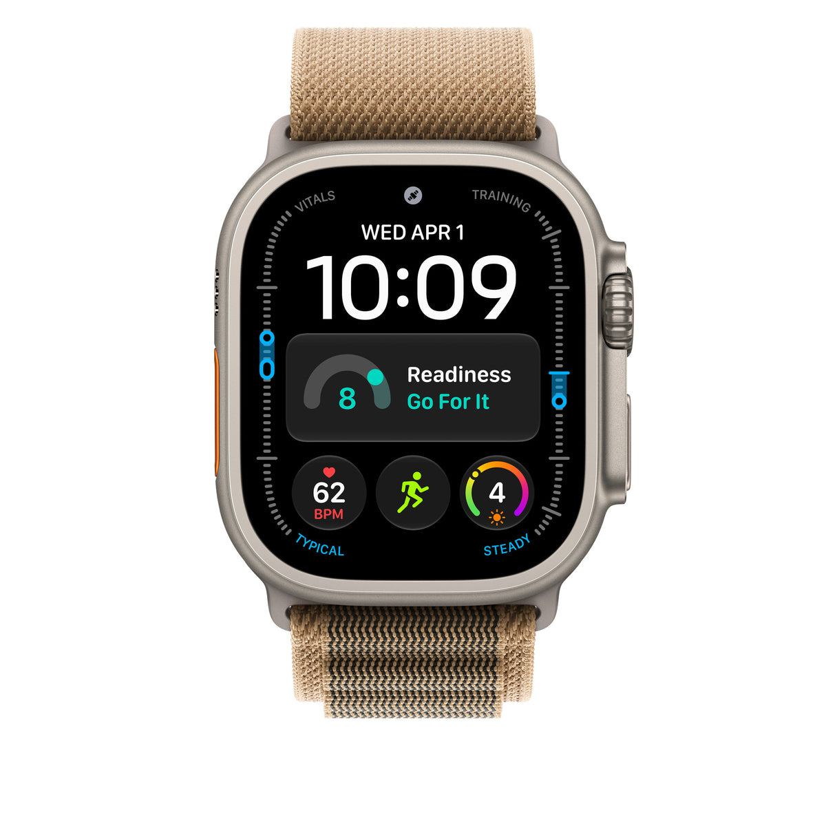 Apple Watch Ultra 4 com caixa de titânio natural e pulseira loop Alpina deserto, vista frontal