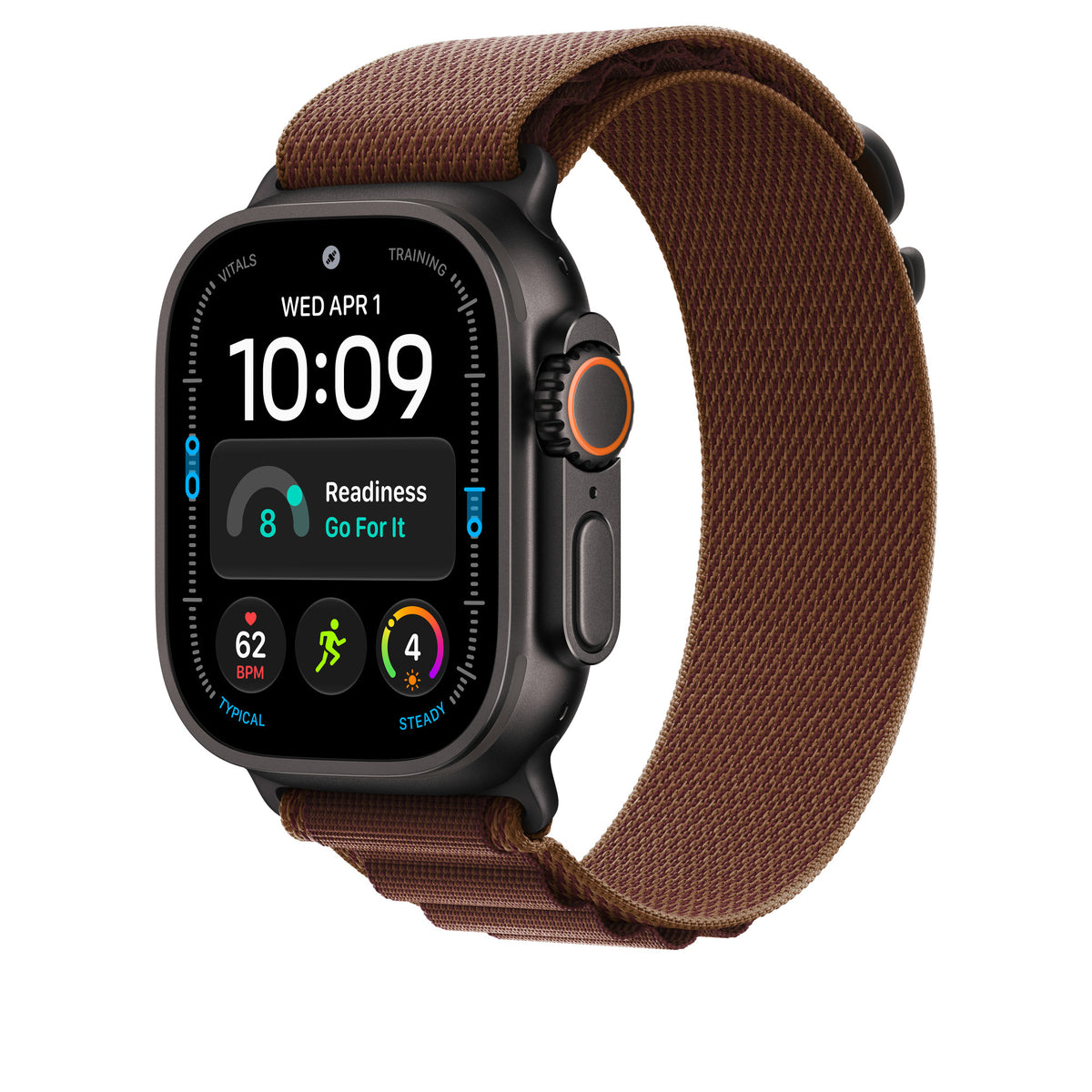 Apple Watch Ultra 4 com caixa de titânio preto e pulseira loop Alpina bordô, vista em ângulo