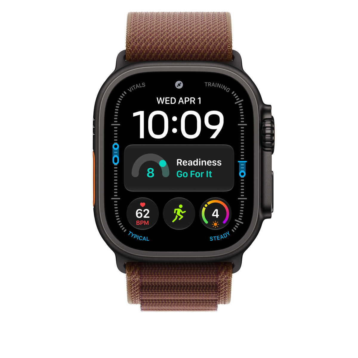 Apple Watch Ultra 4 com caixa de titânio preto e pulseira loop Alpina bordô, vista frontal