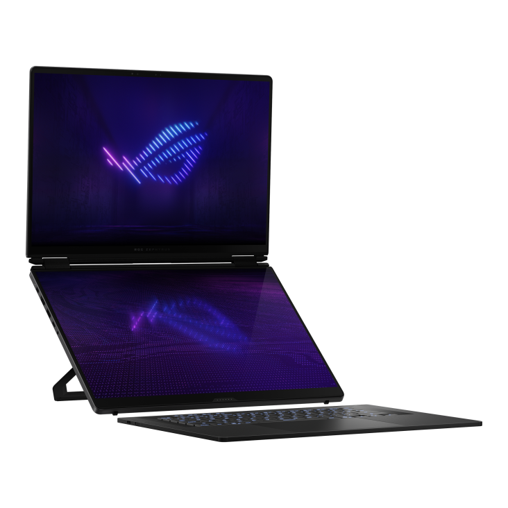 Lateral direita do ASUS ROG Zephyrus Duo 16 (2026) com as duas telas abertas