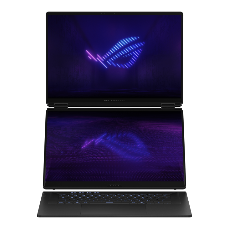 ASUS ROG Zephyrus Duo 16 (2026) com as duas telas e o teclado iluminado