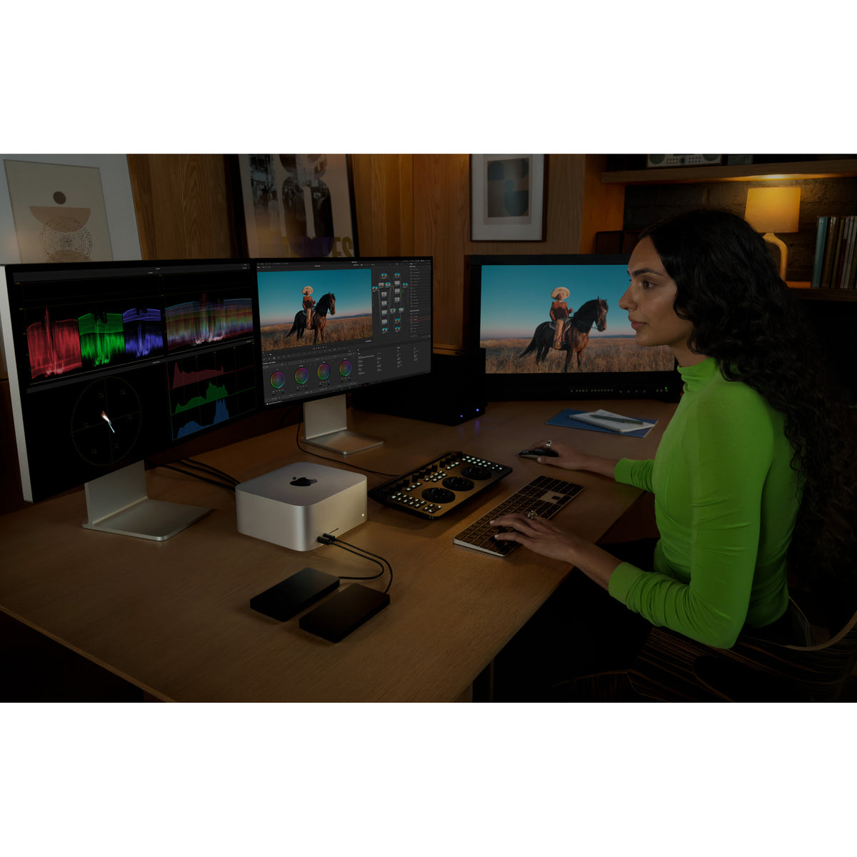 Mac Studio (2026) Prateado em estação de edição de vídeo
