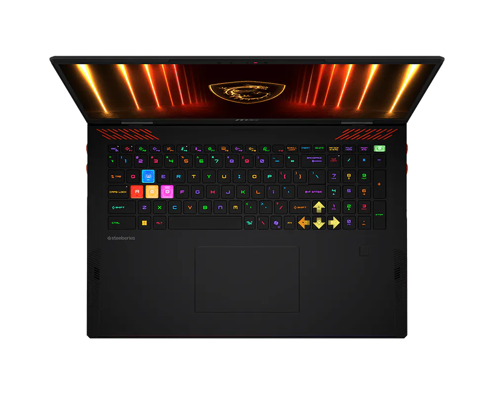 MSI Raider 18 HX AI preto, teclado visto de cima