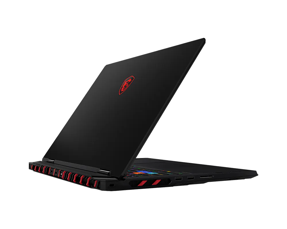MSI Raider A18 HX preto, vista lateral traseira